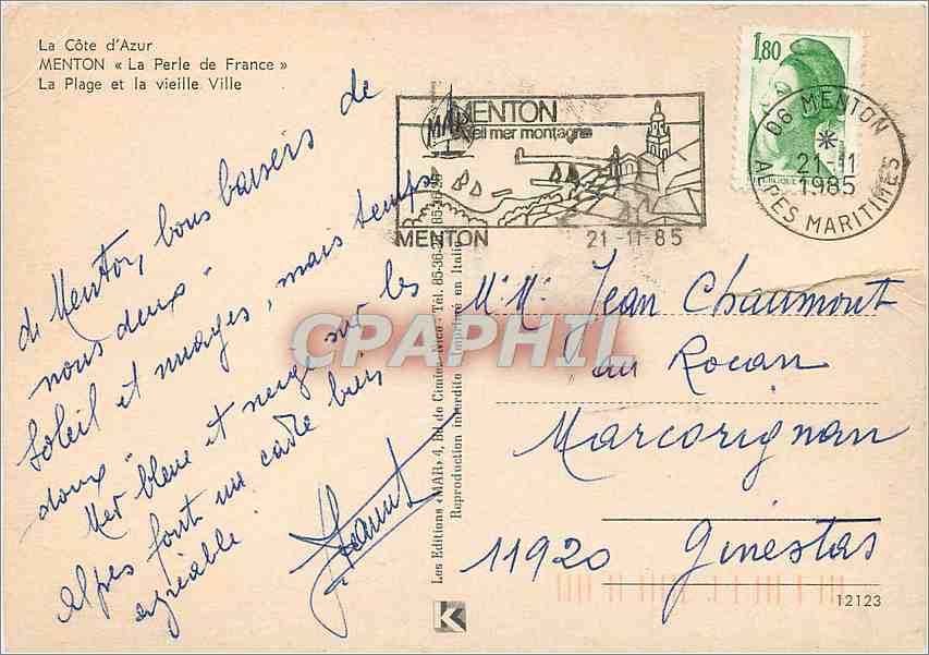 CPM La Cote d'Azur Menton La Perle de France La Plage et la vieille ville — Rückseite