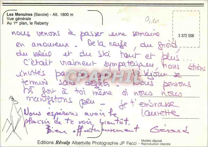 CPM Les Menuires (Savoie) alt 1800 m vue generale au 1er plan le Reberty — Rückseite