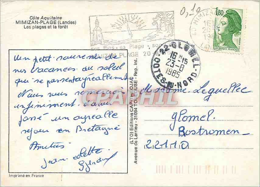 CPM Cote Aquitaine Mimizan Plage (Landes) Les Plages et la Foret — Rückseite