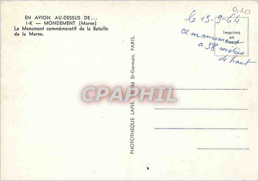 CPM Mondement (Marne) Le Monument Commemoratif de la Bataille de la Marne — Rückseite