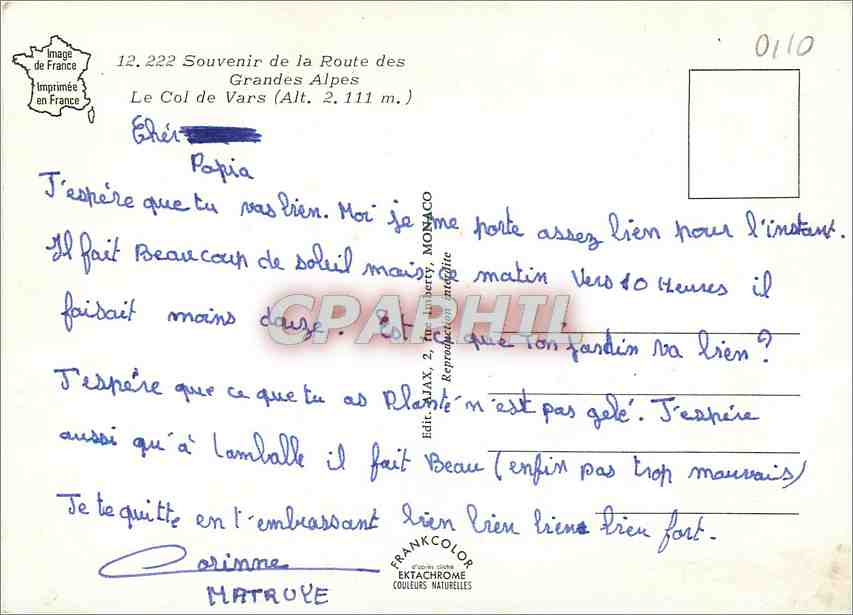 CPM Souvenir de la Route Grandes Alpes le Col de Vars (alt 2 111 m) — Verso