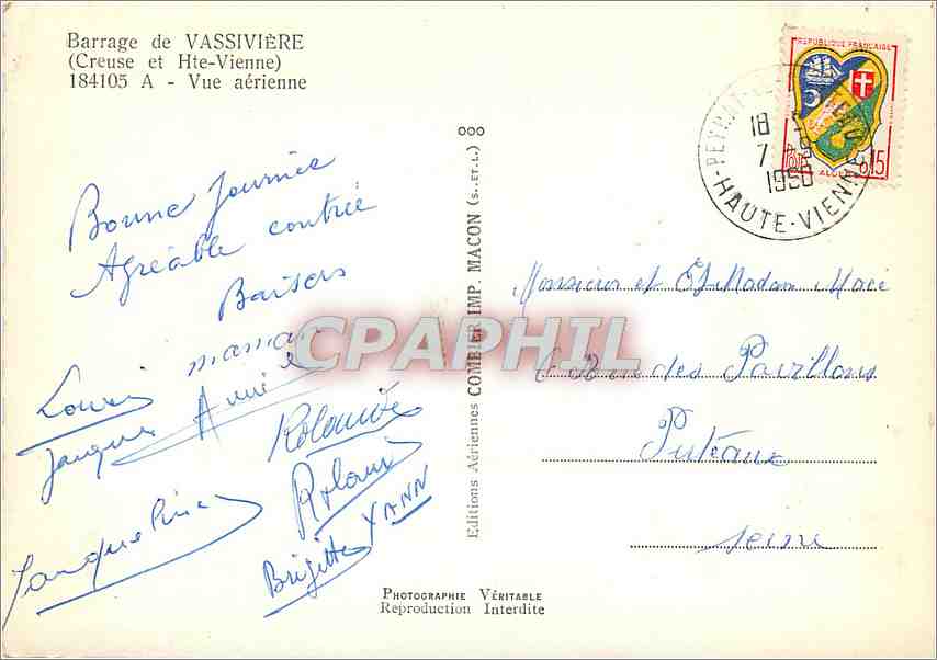 Barrage de VASSIVIÈRE — (Creuse et Haute-Vienne) — Éditions Aériennes Véritable — Rückseite