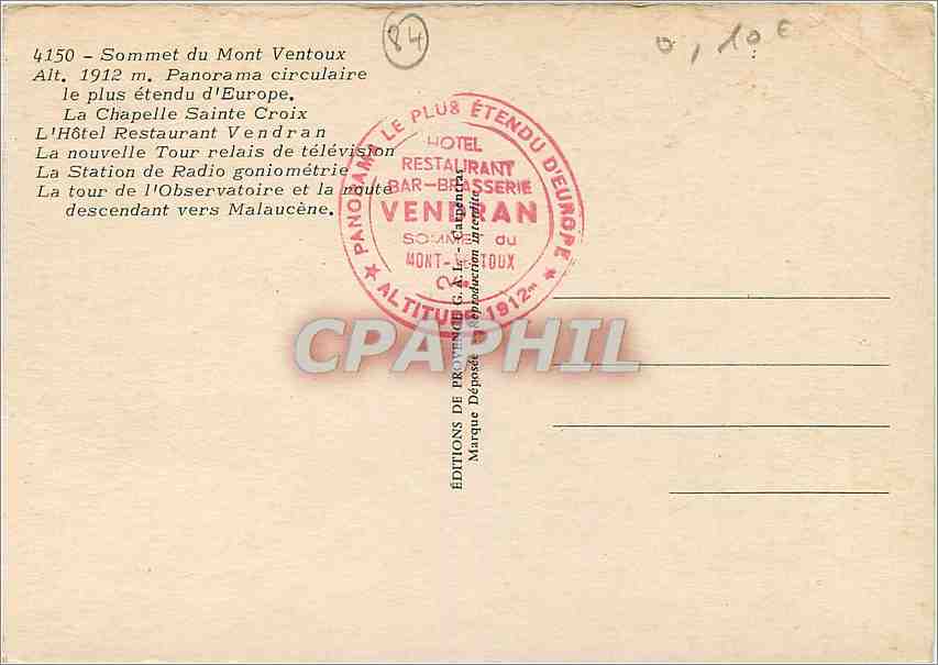 CPM Sommet du Mont Ventoux alt 1912 Panorama circulaire le plus etendu d'Europe — Verso