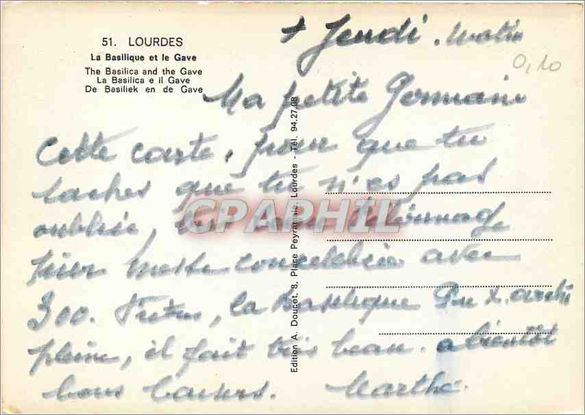 CPM Lourdes La Basilique et le Gave — Verso