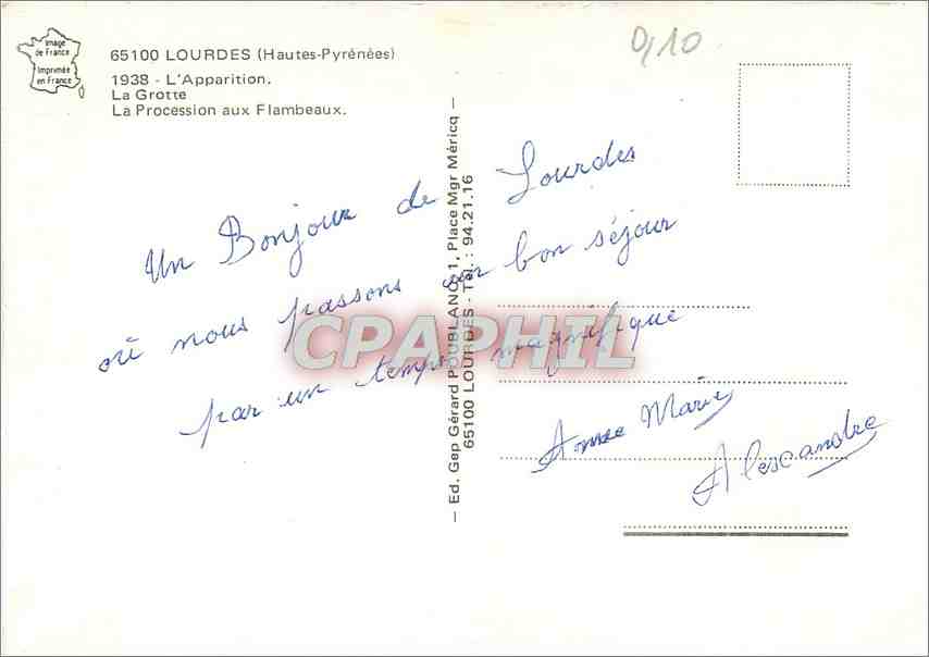 Lourdes — Apparition de la Vierge — Éd. Gep Gérard Poulain — Verso