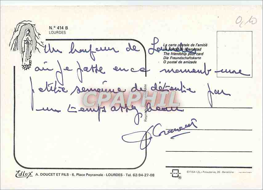 CPM Lourdes Une pensee — Rückseite