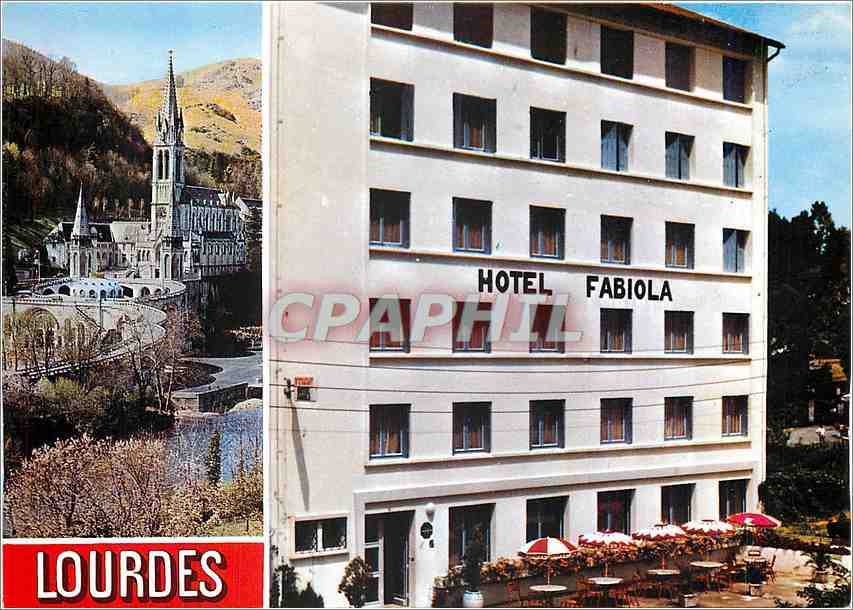 Lourdes — Ansicht der Basilika und des Hotels Fabiola — Verlag Dino A. Doucet, Barcelona