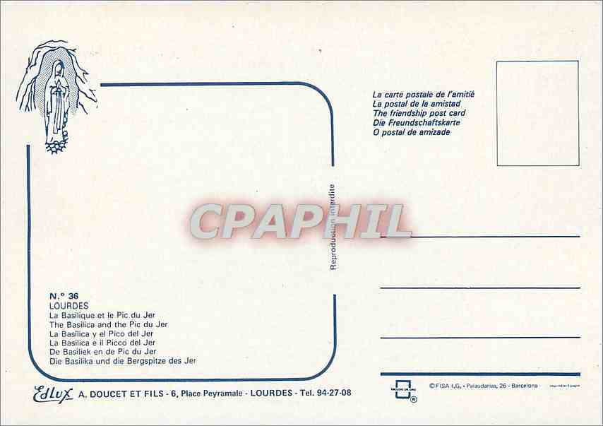 CPM Lourdes (H P) la Basilique et le Pic du Jer — Verso
