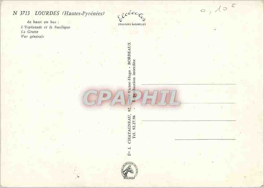CPM Lourdes (H P) de Haut en bas l'Esplanade et la Basilique la Grotte — Verso