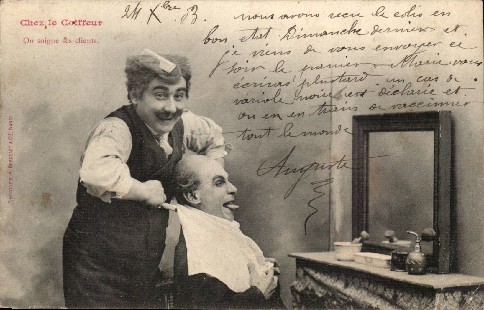 Chez le Coiffeur — On soigne ses clients — Phototype A. Bergeret & Cie, Nancy