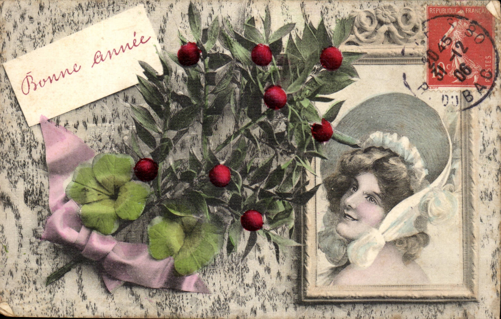 Bouquet de gui et de trèfle — femme en portrait — éditeur A.S. Série 350