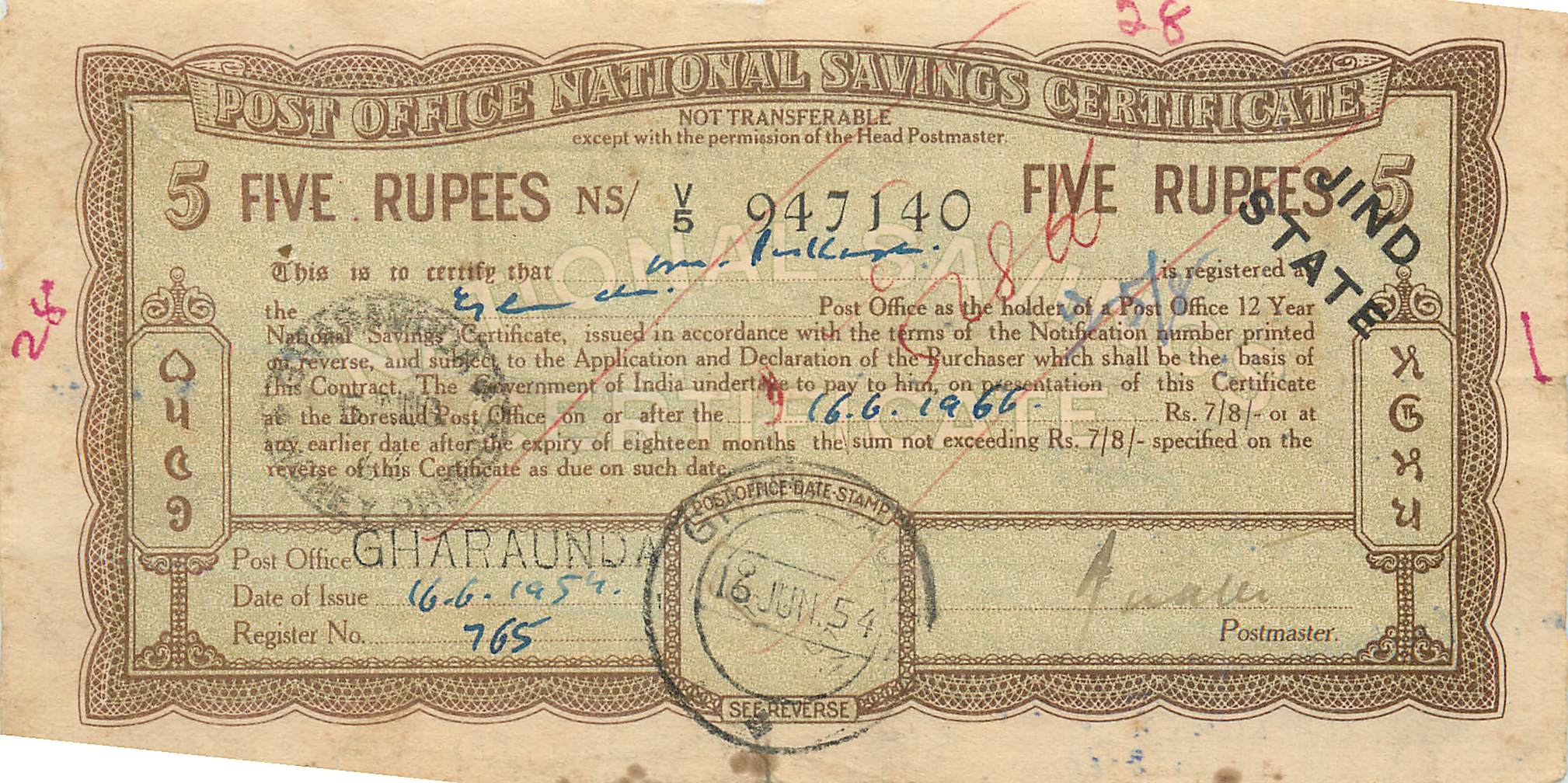 Inde India  National Savings Certificate Jind State