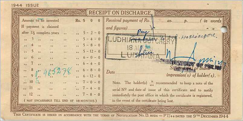 Inde India  National Savings Certificate Jind State — Rückseite