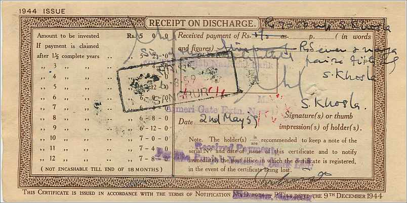 Inde India  National Savings Certificate Jind State — Rückseite