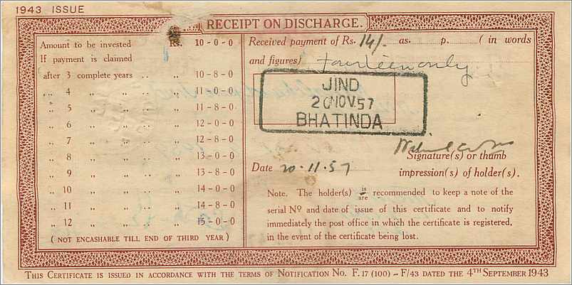 Inde India  National Savings Certificate Jind State — Rückseite