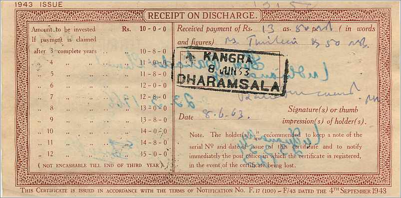 Inde India  National Savings Certificate Jind State — Rückseite