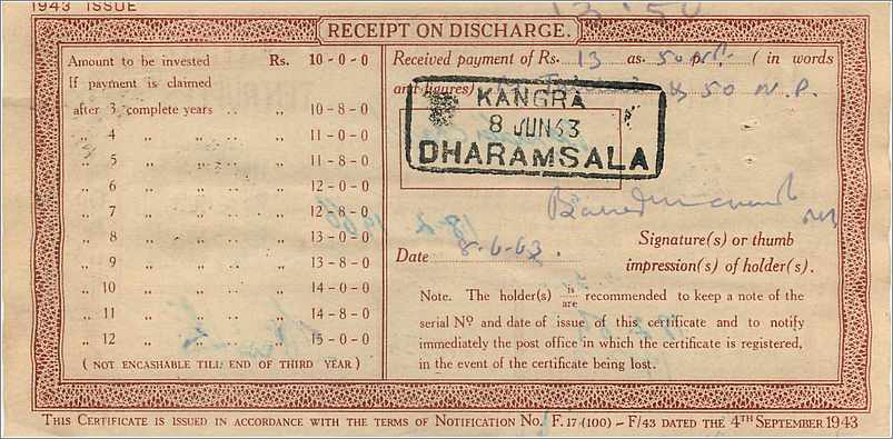 Inde India  National Savings Certificate Jind State — Rückseite
