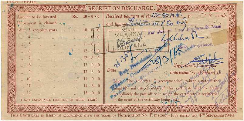 Inde India  National Savings Certificate Jind State — Rückseite