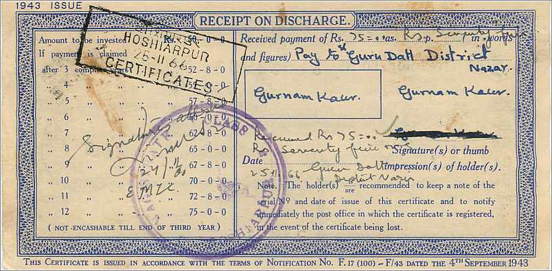 Inde India  National Savings Certificate Jind State — Verso
