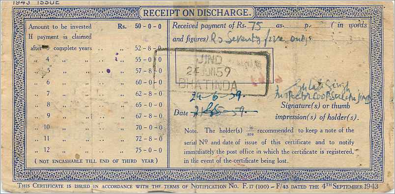 Inde India  National Savings Certificate Jind State — Rückseite