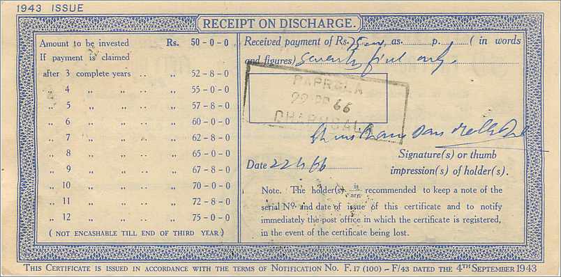 Inde India  National Savings Certificate Jind State — Rückseite