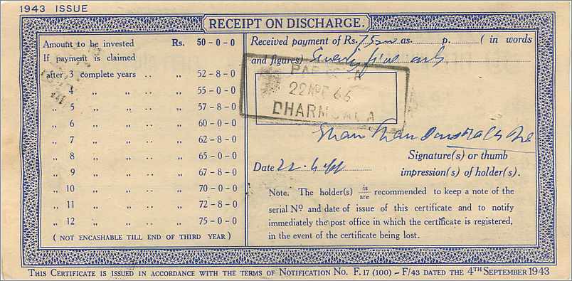 Inde India  National Savings Certificate Jind State — Rückseite