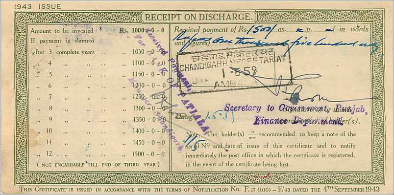Inde India  National Savings Certificate Jind State — Rückseite
