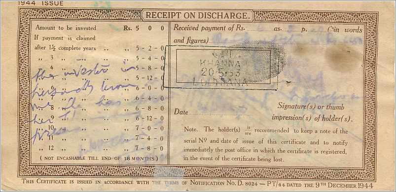 Inde India  National Savings Certificate Chamba State — Back