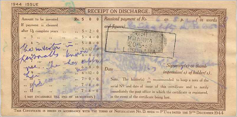 Inde India  National Savings Certificate Chamba State — Rückseite