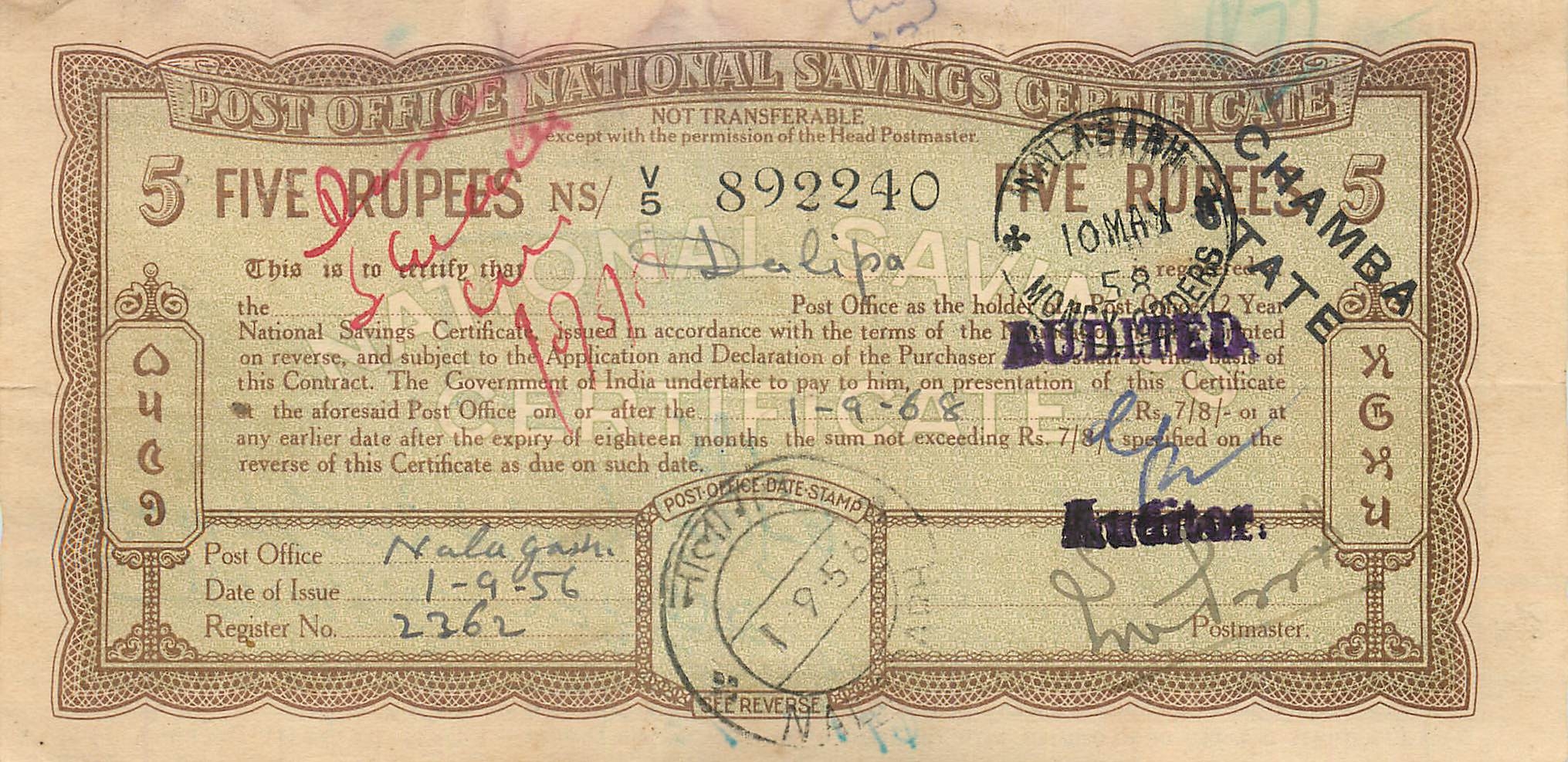 Inde India  National Savings Certificate Chamba State