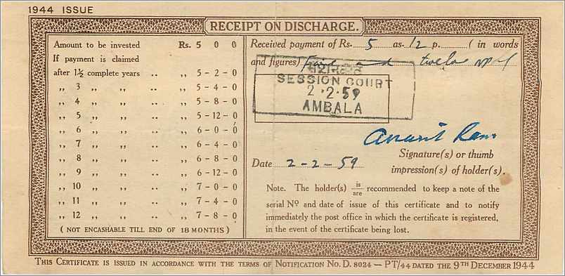 Inde India  National Savings Certificate Chamba State — Rückseite