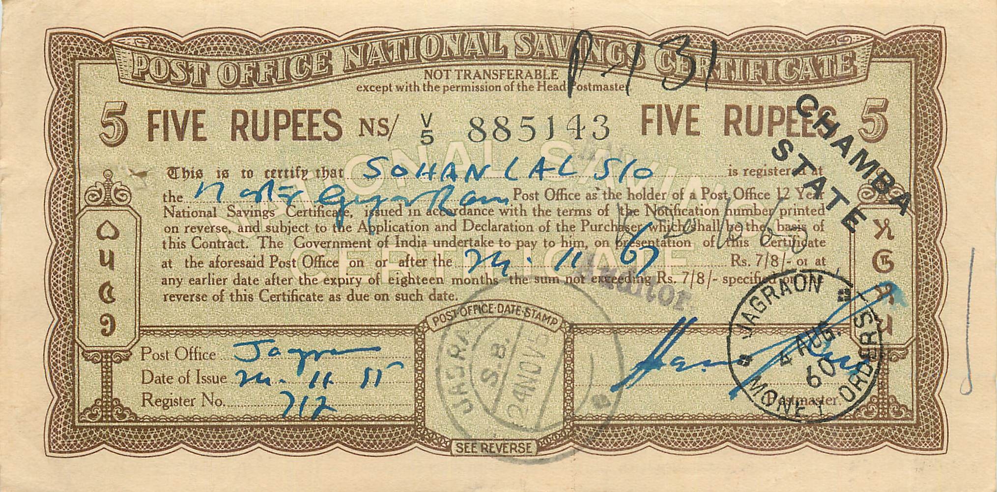 Inde India  National Savings Certificate Chamba State