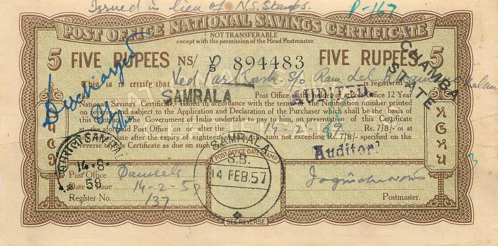 Inde India  National Savings Certificate Chamba State
