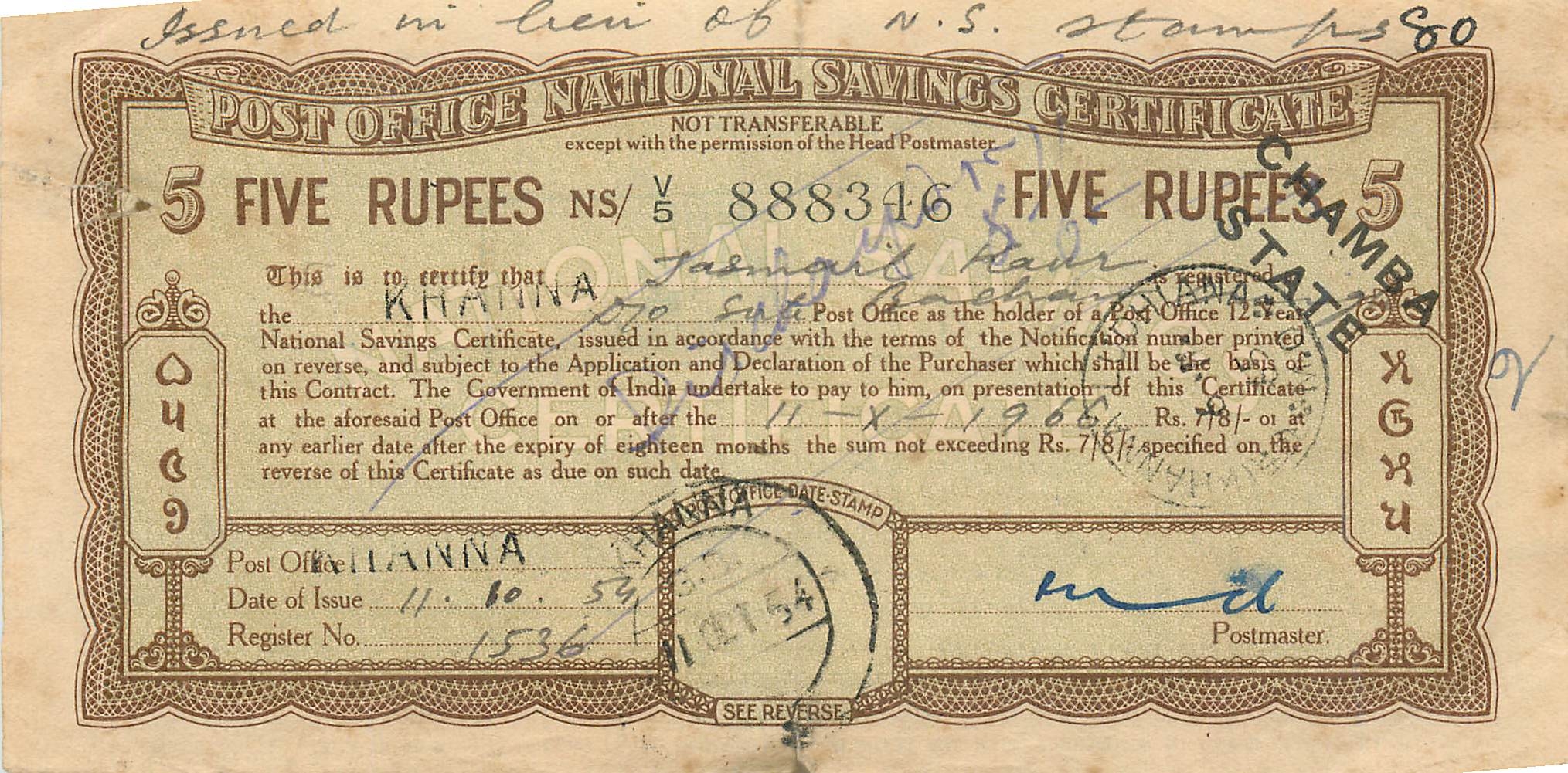 Inde India  National Savings Certificate Chamba State