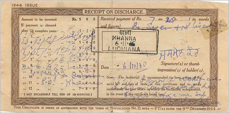 Inde India  National Savings Certificate Chamba State — Rückseite