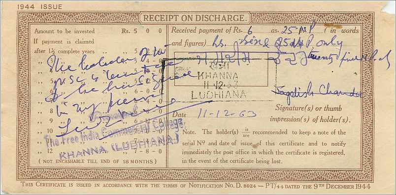 Inde India  National Savings Certificate Chamba State — Rückseite