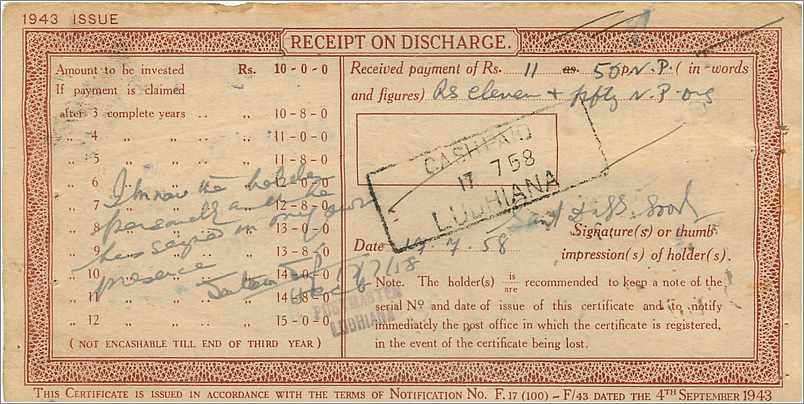 Inde India  National Savings Certificate Chamba State — Rückseite