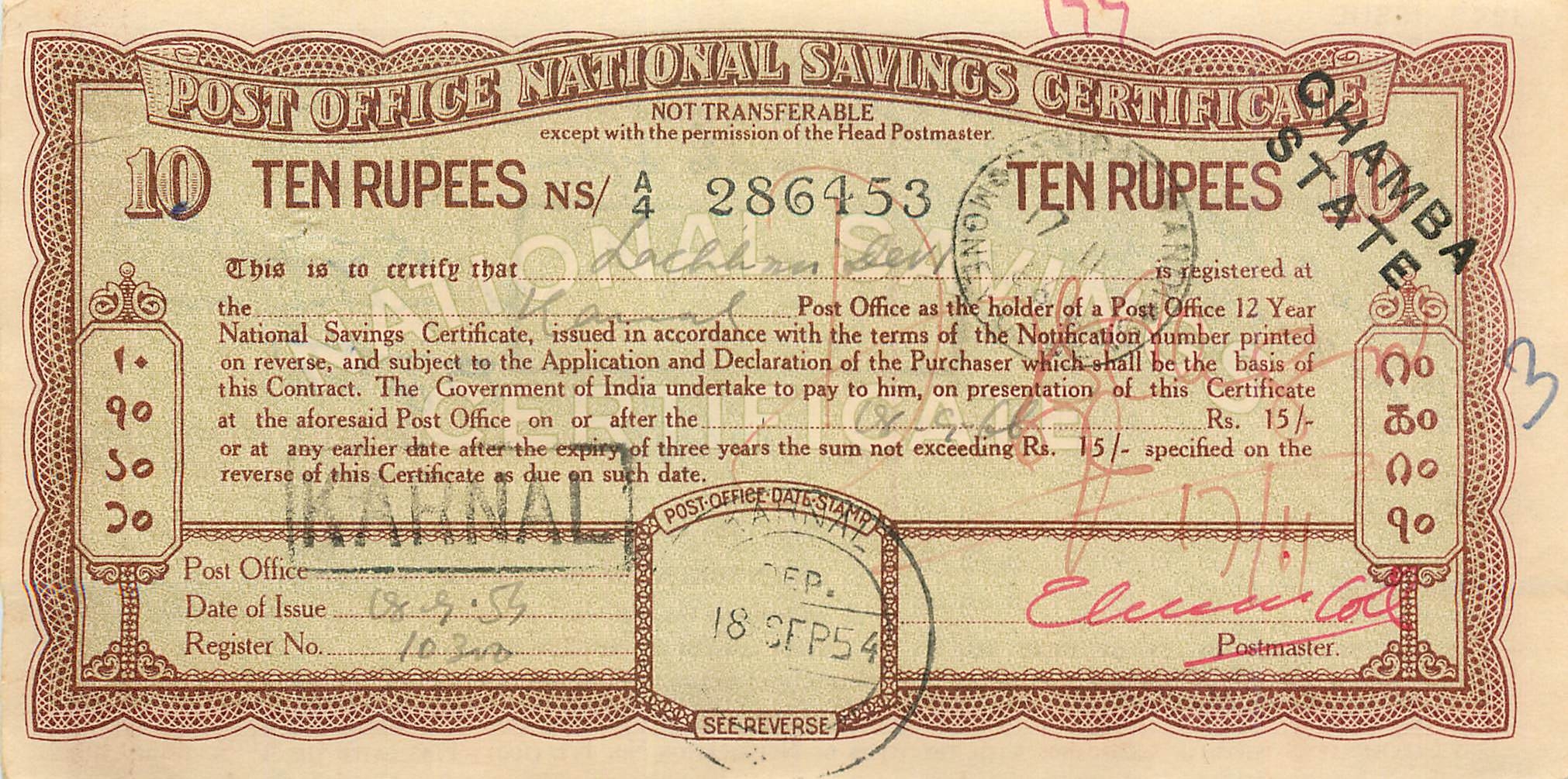 Inde India  National Savings Certificate Chamba State