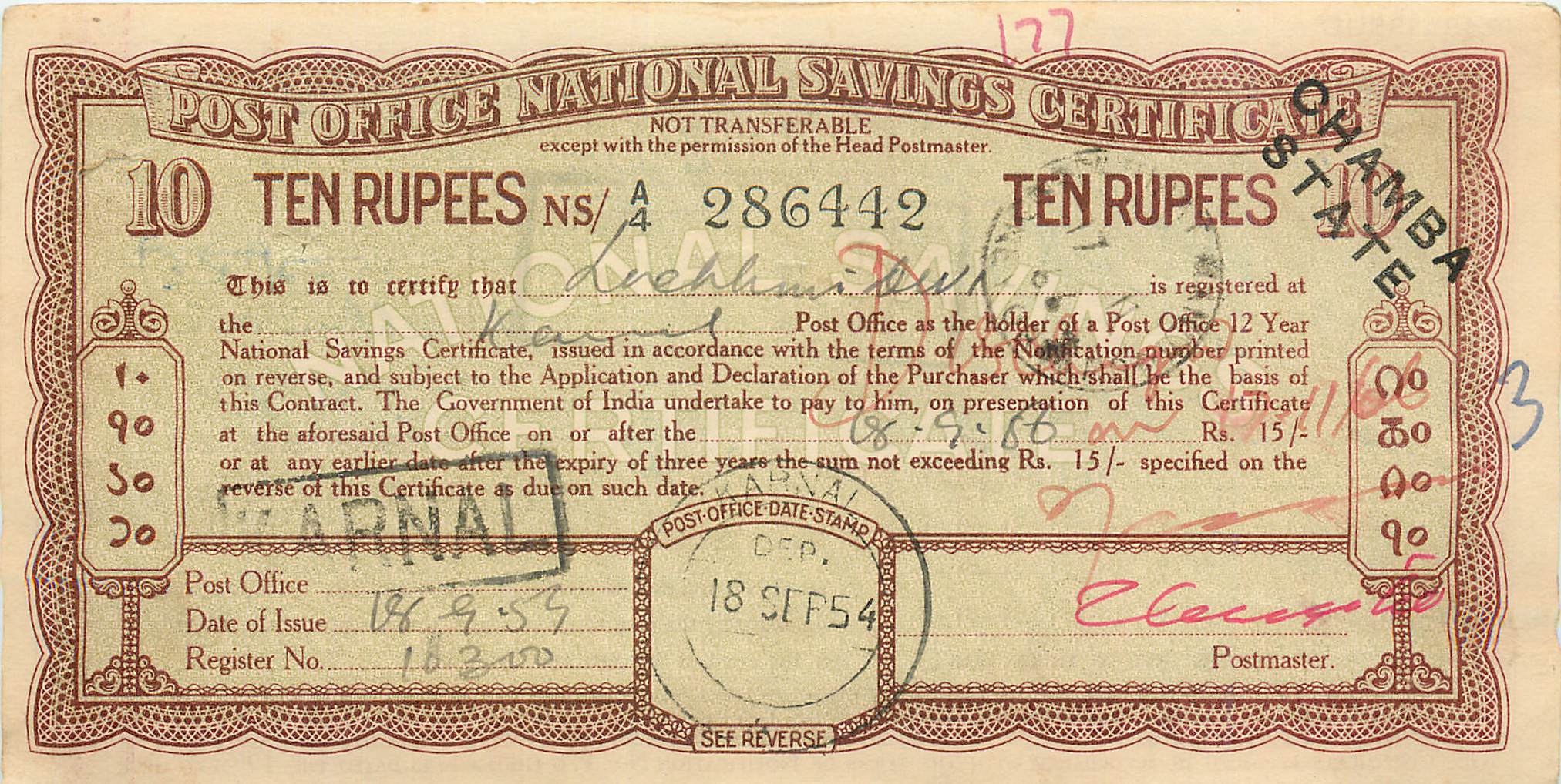 Inde India  National Savings Certificate Chamba State