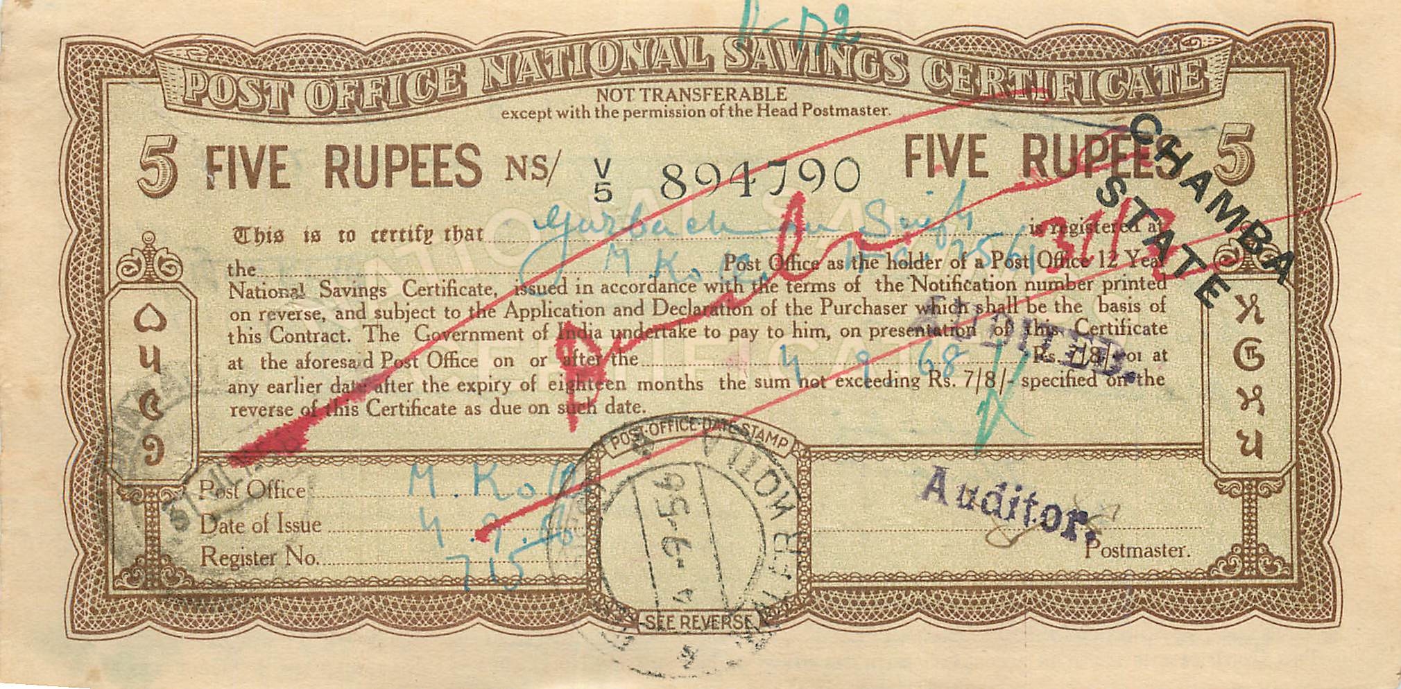 Inde India  National Savings Certificate Chamba State