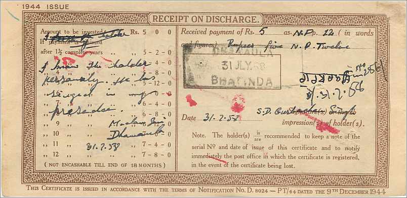 Inde India  National Savings Certificate Chamba State — Back