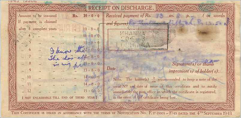 Inde India  National Savings Certificate Chamba State — Rückseite