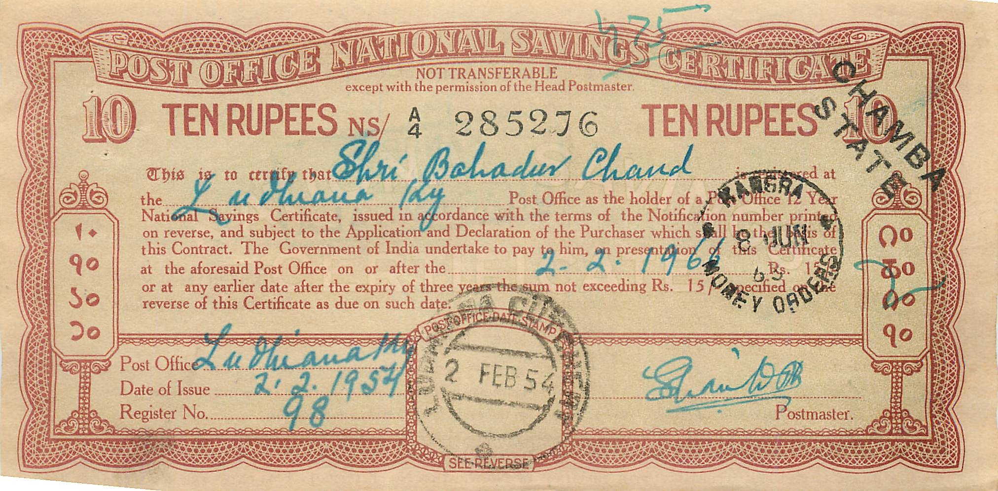 Inde India  National Savings Certificate Chamba State