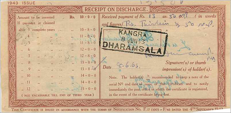 Inde India  National Savings Certificate Chamba State — Verso