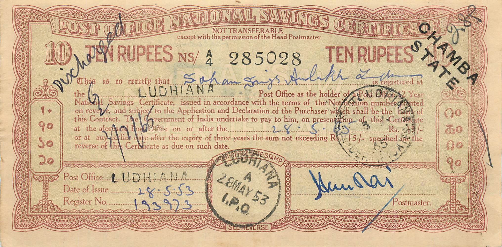 Inde India  National Savings Certificate Chamba State