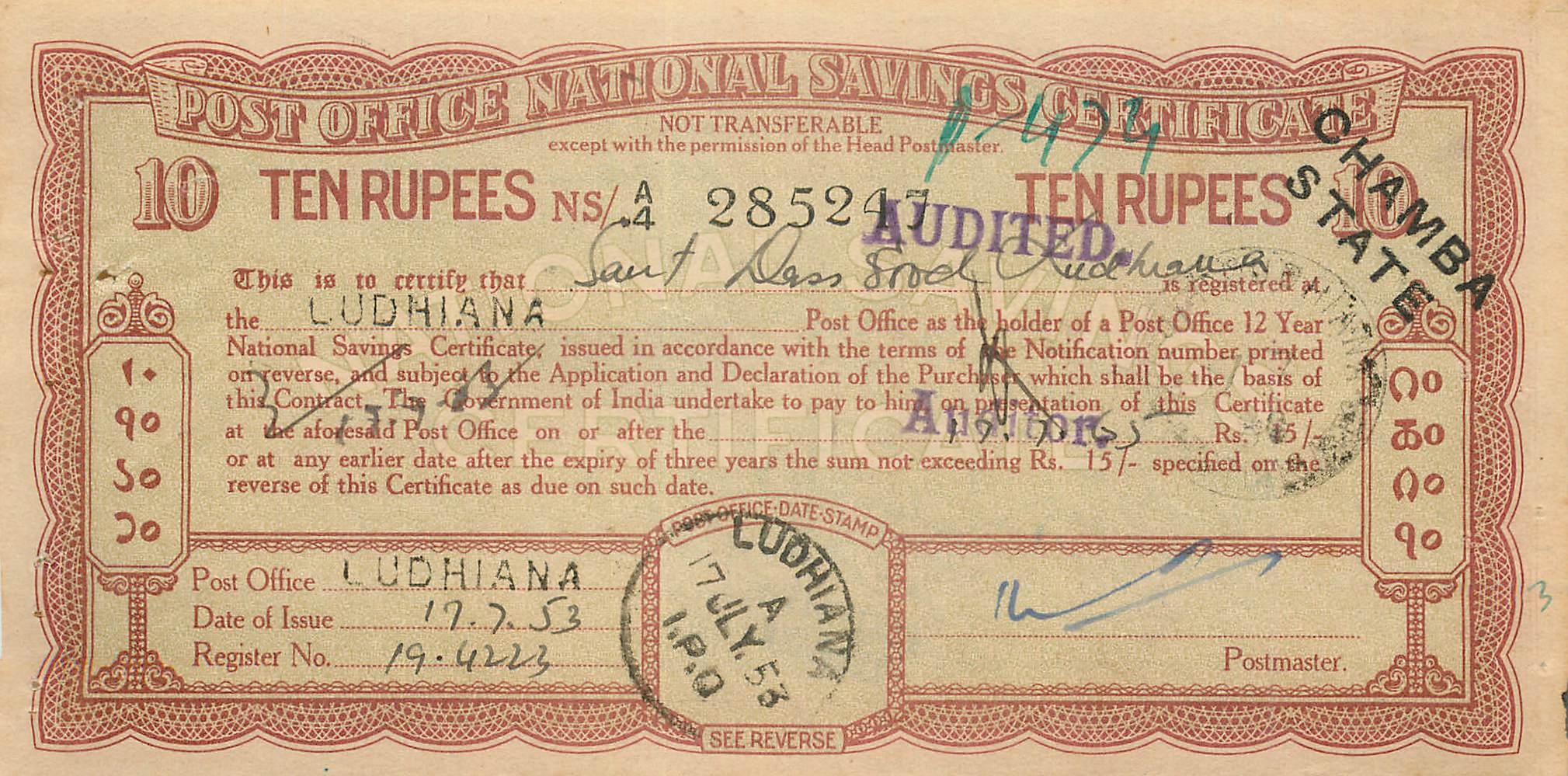 Inde India  National Savings Certificate Chamba State