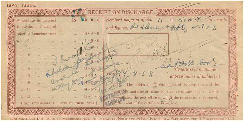 Inde India  National Savings Certificate Chamba State — Rückseite
