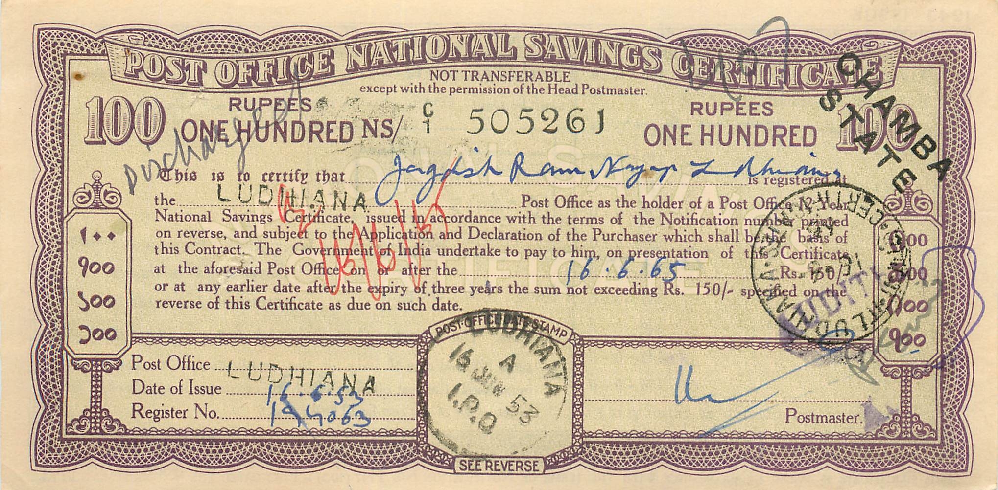 Inde India  National Savings Certificate Chamba State