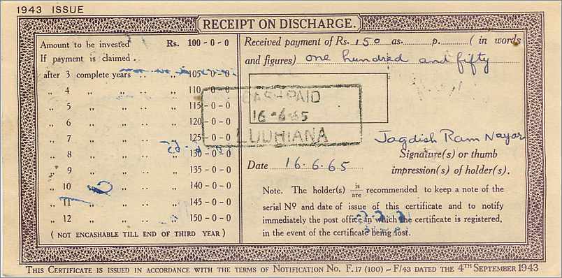 Inde India  National Savings Certificate Chamba State — Rückseite