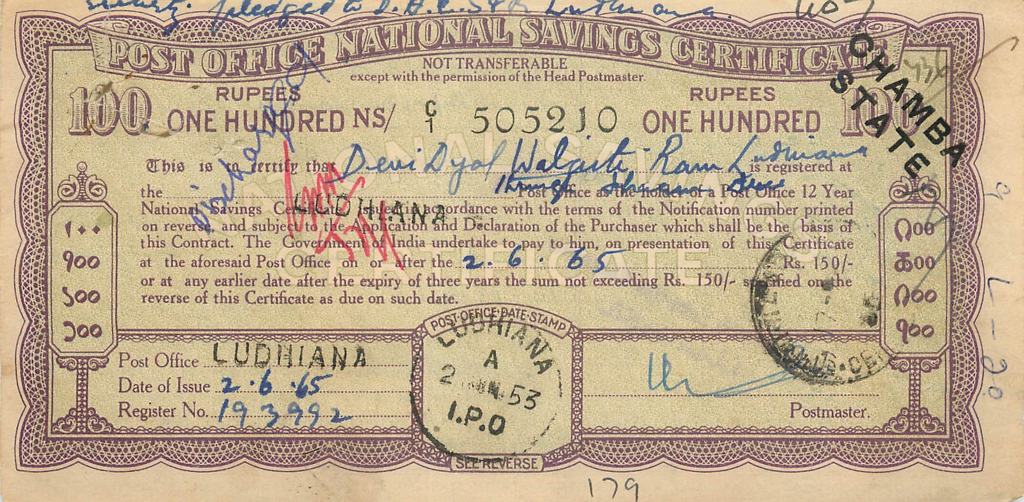 Inde India  National Savings Certificate Chamba State